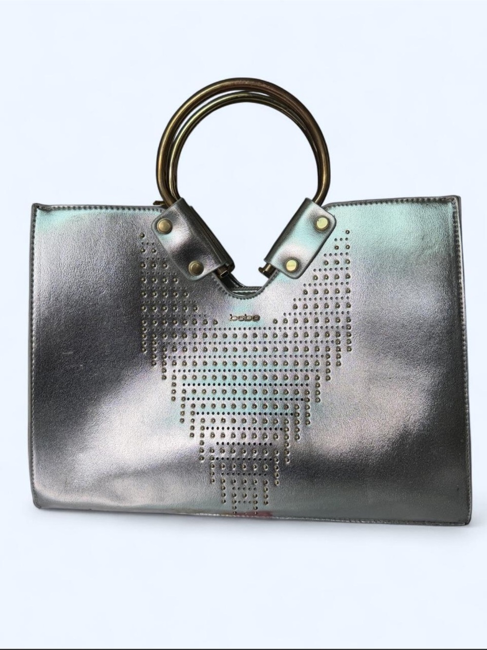 bebe Iridescent Silver Studded Tote with Gold Ring Handles